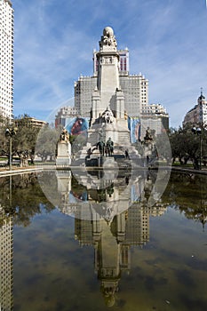 Monument to Cervantes and Don Quixote and Sancho Panza at Spain Square in City of Madrid, Spai