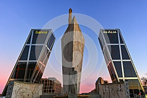 Gate of Europe KIO Towers and Obelisk of Calatrava at Paseo de la Castellana street in City of Madrid, Spain