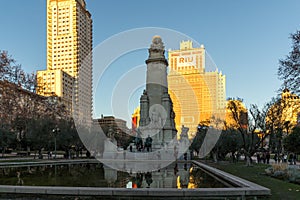 Sunset view of Monument to Cervantes and Don Quixote and Sancho Panza at Spain Square in City o