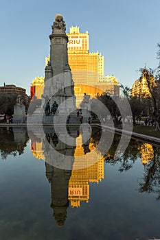 Sunset view of Monument to Cervantes and Don Quixote and Sancho Panza at Spain Square in City o