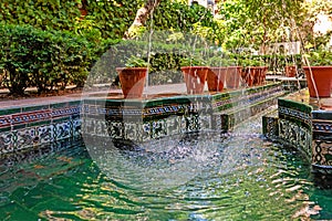 Fountain in Beautiful Andalusian gardens of Sorolla Museum. Traditional Spanish style photo