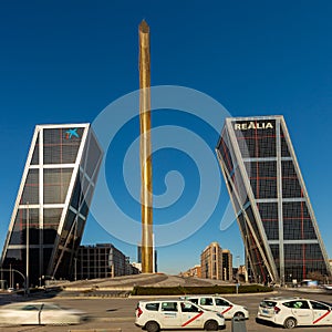 The maligned Caja Madrid Obelisk and the Gate of Europe towers or  KIO Towers near the Plaza de Castilla in Madrid