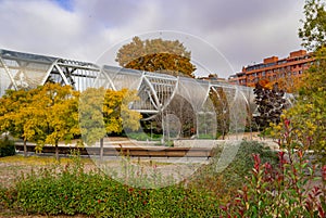 MADRID, SPAIN - November 17, 2023: Arganzuela Bridge in Madrid Rio Park, Designed by Dominique Perrault