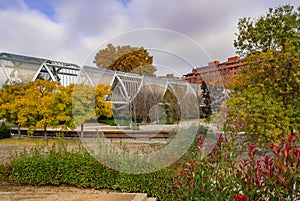 MADRID, SPAIN - November 17, 2023: Arganzuela Bridge in Madrid Rio Park, Designed by Dominique Perrault