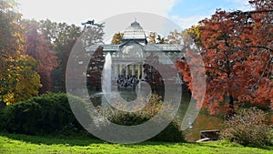 Madrid, Spain - November 18, 2023, Panorama of Palacio de Cristal , Glass Palace, in Buen Retiro Park in Madrid, Spain