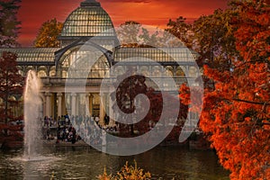 Madrid, Spain - November 18, 2023, Panorama of Palacio de Cristal , Glass Palace, in Buen Retiro Park in Madrid, Spain