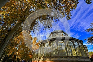 Madrid, Spain - November 18, 2023, Panorama of Palacio de Cristal , Glass Palace, in Buen Retiro Park in Madrid, Spain