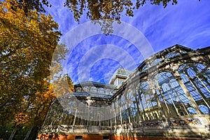 Madrid, Spain - November 18, 2023, Panorama of Palacio de Cristal , Glass Palace, in Buen Retiro Park in Madrid, Spain