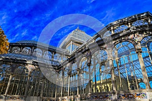 Madrid, Spain - November 18, 2023, Panorama of Palacio de Cristal , Glass Palace, in Buen Retiro Park in Madrid, Spain
