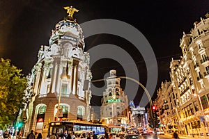 MADRID, SPAIN - OCTOBER 21, 2017: Metropolis building at Calle Gran Via street in Madri