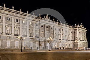 The Royal Palace of Madrid (Palacio Real de Madrid) on Plaza de la Armeria, night view, Spain.