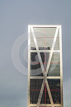 One of the inclined buildings of The Gate of Europe towers KIO Towers, twin office buildings in Madrid, Spain