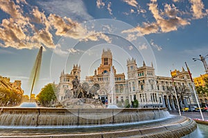 Madrid Spain, sunrise at Cibeles Fountain Town Square