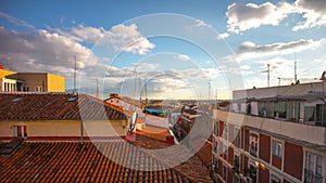 Madrid sun light living block roof top panoramic view 4k time lapse spain