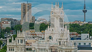 Madrid timelapse, Beautiful Panorama Aerial View of Madrid Post Palacio comunicaciones, Plaza de Cibeles, Cibeles Palace