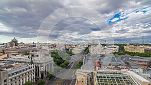 Madrid timelapse, Beautiful Panorama Aerial View of Madrid Post Palacio comunicaciones, Plaza de Cibeles, Prueba, Banco photo