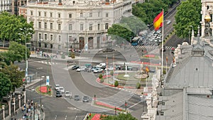 Madrid timelapse rooftop panorama aerial view of Madrid Post Palacio comunicaciones, Plaza de Cibeles, Spain