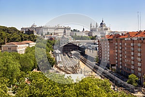 Madrid view, with Prince Pio station, Royal palace and the Almudena cathedral