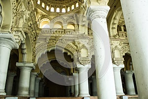 Madurai, India - November 02, 2018: Interior hall of a south Indian Thirumalai Nayakkar Palace and ceiling design with Indian art