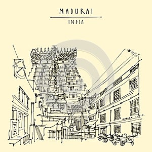 Madurai, Tamil Nadu, South India. Meenakshi temple. Artistic hand drawing. Asian travel sketch. Vintage hand drawn postcard photo