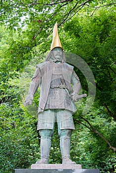 Maeda Toshiie Statue at Kanazawa Castle Park in Kanazawa, Ishikawa, Japan. a famous historic site