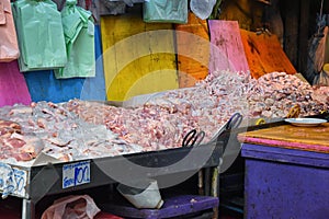 Maeklong railway street fish market by Bangkok Thailand. Street marine market where train passes daily. Sale of fresh fish. Freshl