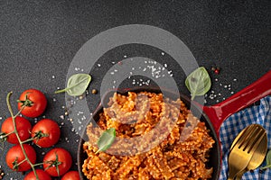 Mafaldine pasta with bolognese tomato sauce