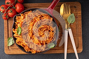 Mafaldine pasta with bolognese tomato sauce