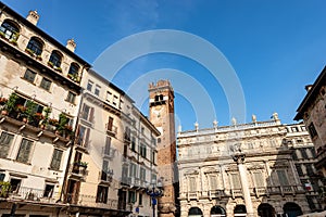 Maffei Palace and Gardello Tower - Piazza delle Erbe Verona Italy