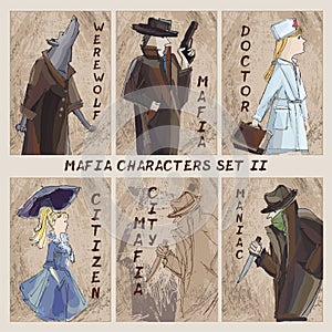 Mafia city characters set.Cardgame. Citizen, mafia, maniac, doctor, werewolf