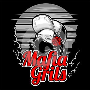 Mafia girl wearing cap and rose .vector hand drawing,Shirt designs, biker, disk jockey, gentleman, barber and many others.isolated