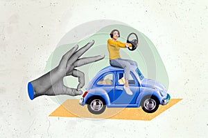 Magazine banner collage of confused lady with damaged car big finger pushing away on drawing creative image background