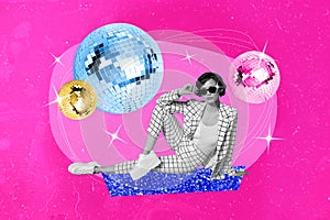 Magazine collage of cool confident lady enjoying nightclub party isolated neon pink color background