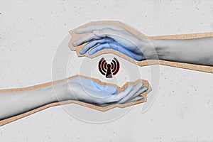 Magazine collage picture of arms tacking care internet care support internet connection isolated grey color background