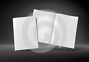 Magazine cover and open magazine mockup on black. Empty brochure template. 3D rendering