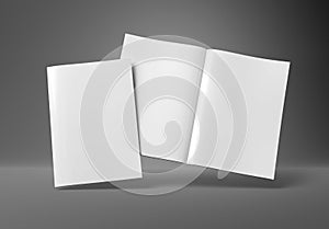 Magazine cover and open magazine mockup on grey. Empty brochure template. 3D rendering