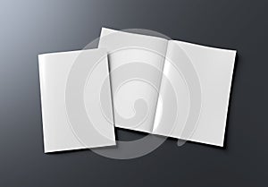 Magazine cover and open magazine mockup on grey. Empty brochure template. 3D rendering