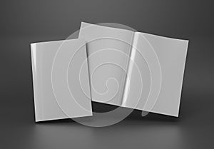 Magazine cover and open magazine mockup on grey. Empty brochure template. 3D rendering