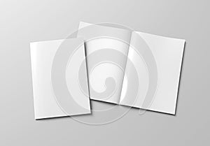 Magazine cover and open magazine mockup on white background. Empty brochure template on blank. 3D rendering