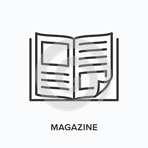 Magazine flat line icon. Vector outline illustration of news brochure, catalog page. Latest press thin linear pictogram photo