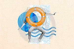 Magazine picture sketch collage image of funky funny guy saving buoy instead body head isolated beige color background