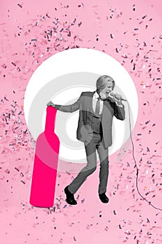 Magazine poster artwork collage of stylish fancy retired man holding microphone singing karaoke party lean big alcohol