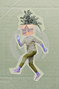 Magazine poster image collage of funky male man with carton box face having green leaves plant fast move new house