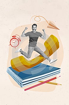 Magazine template collage of excited young guy on pile book answer retro dial phone college entry notification passing