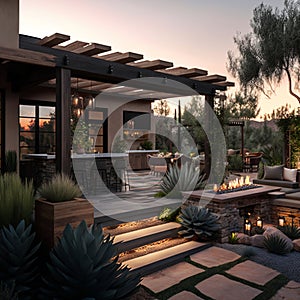 Magazine-Worthy Outdoor Entertaining Space with Modern Design, High-Quality Materials, Cozy Atmosphere, and Architectural Elements