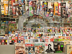Magazines in press stand