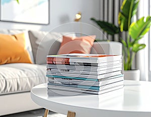 Magazines stack on white coffee table