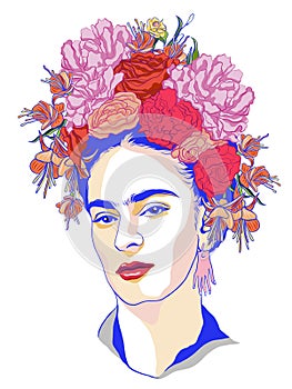 Magdalena Carmen Frida Kahlo portrait. Magdalena Carmen Frida Kahlo portrait with wreath. photo