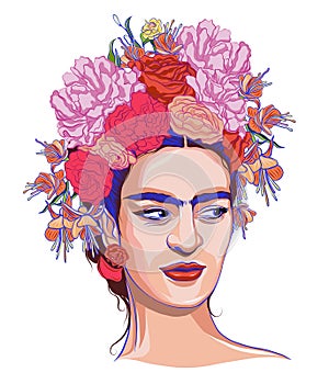 Magdalena Carmen Frida Kahlo portrait. Magdalena Carmen Frida Kahlo portrait with wreath. photo