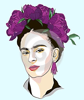 Magdalena Carmen Frida Kahlo portrait with wreath from peonies photo